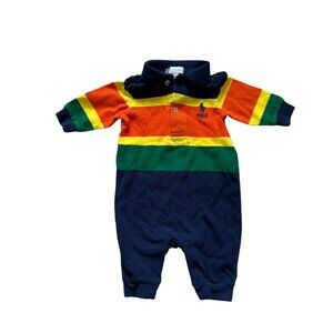 Ralph Lauren Baby Boy Striped Polo Romper With Multicolor Design Navy Orange Gre